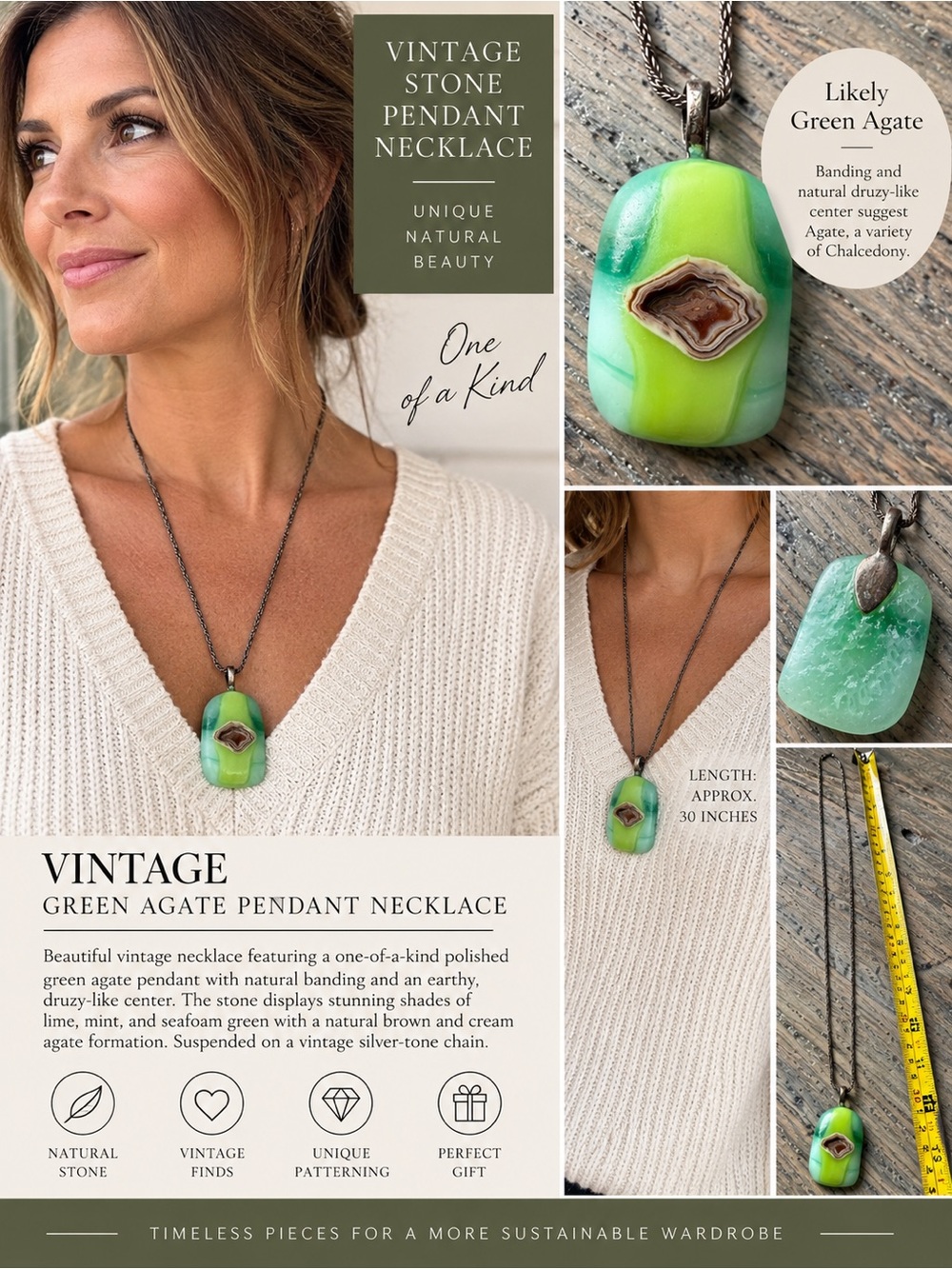 Vintage Green Agate Pendant Necklace - One-of-a-Kind